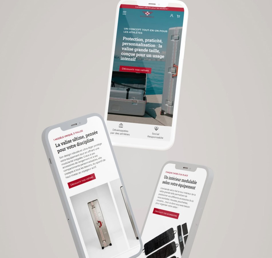3 téléphones montrant la version responsive du site e-commerce Eliteshell